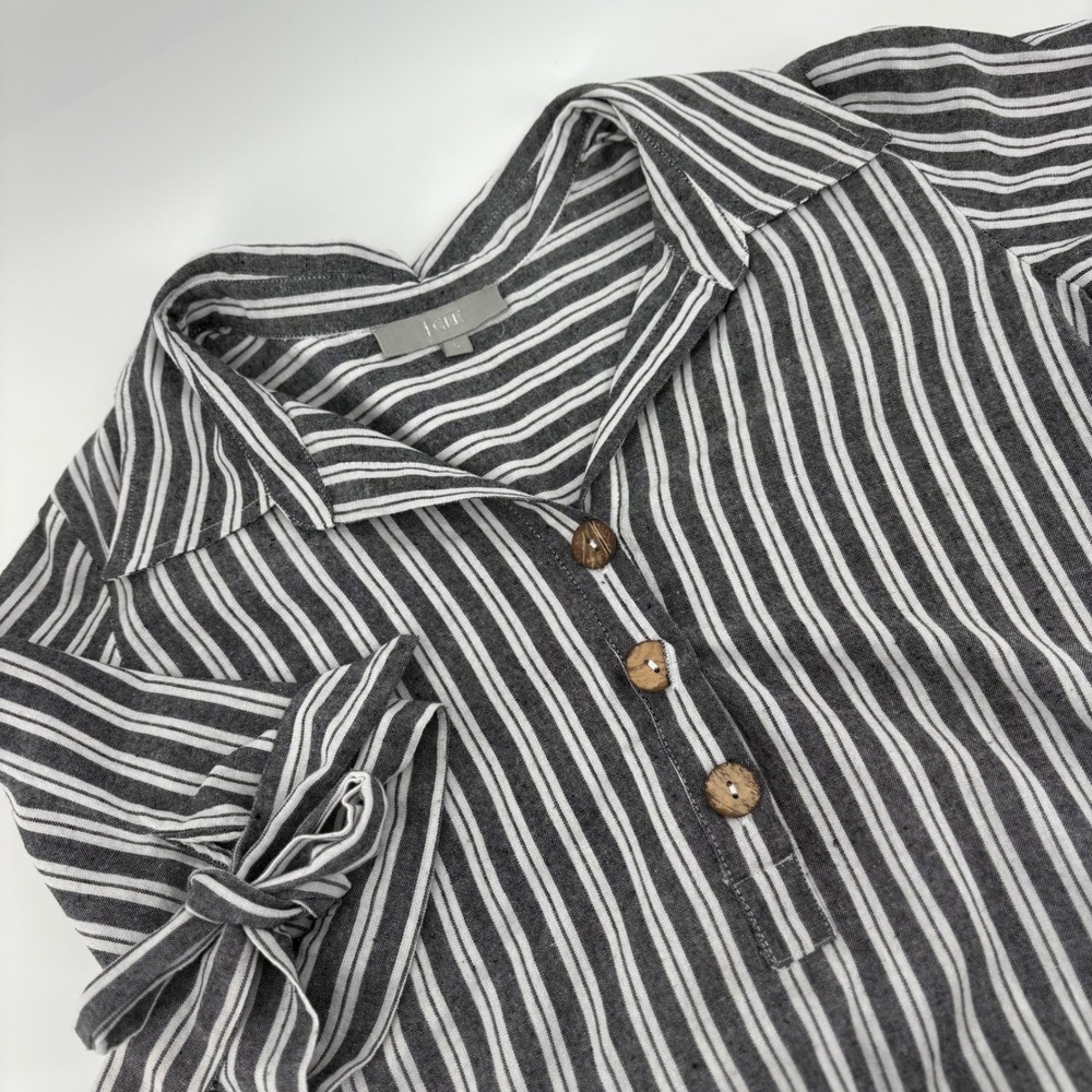 J GEE Women L Gray White Striped Tie Sleeve Shirt Dress Gauzy